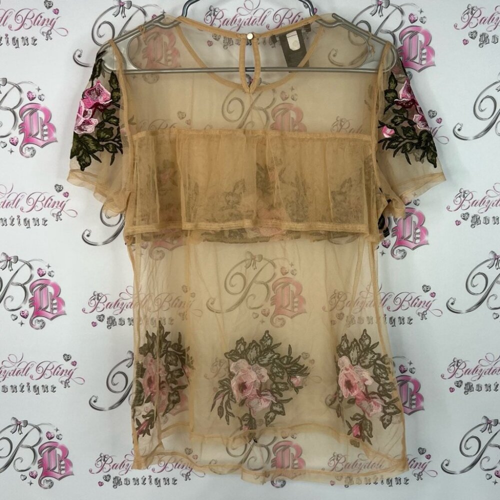 INC International Concepts Floral Sheer Blouse - Tan and Pink roses embroidered - Picture 2 of 6